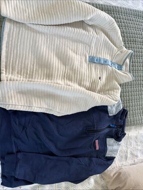 Vineyard Vines Cream Pullover with Light Blue Trim & Navy Quarter-Zip Top